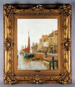 Port Scene With Sailboats And Houses by Karl Wagner