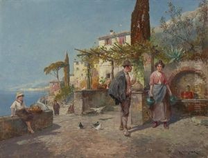 Begegnung Beim Wasserholen In Mediterranem Kustendorf by Karl Wagner