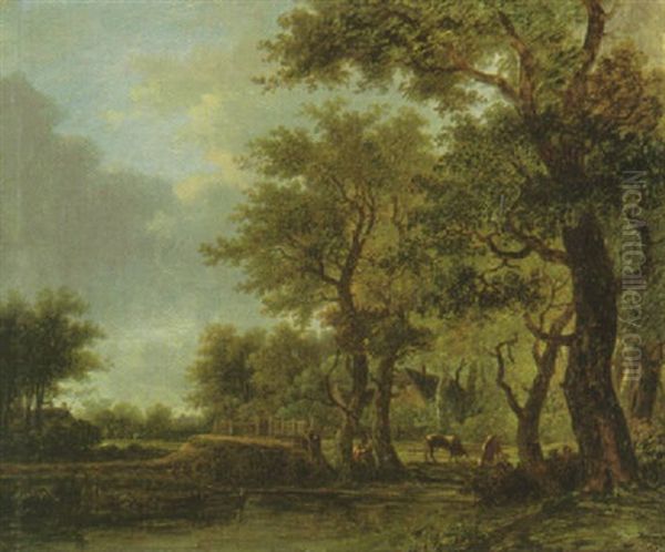Waldlandschaft Mit Weidenden Kuhen Unter Den Baumen Am Seeufer - view 1