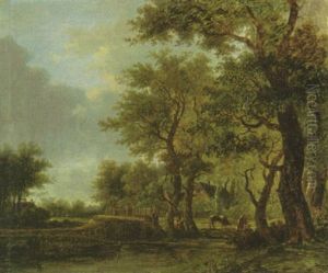 Waldlandschaft Mit Weidenden Kuhen Unter Den Baumen Am Seeufer by Johann Wagner-Deines