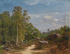 Fels- Und Baumlandschaft Mit Hirschpaar by Edmond Louis Marie Wagrez