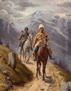 Bewaffnete Tscherkessenreiter Im Gebirge by Alexander Amandus Von Wahl