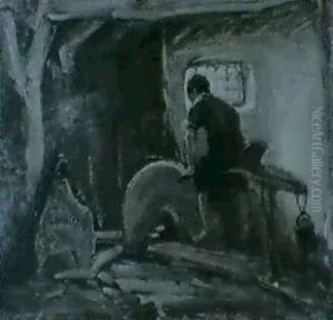 Barfussiger Bursche Auf Einem Schleifbock Vor Machtigem Bauernhof by Carl Wahler