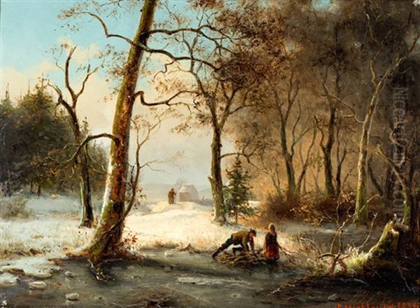 Houtsprokkelaars In Winters Bos Bij Stockholm - view 1