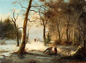 Houtsprokkelaars In Winters Bos Bij Stockholm by Ernfried Wahlqvist