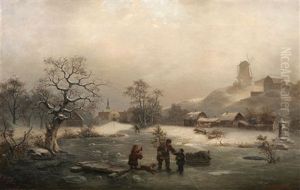 Vinterlandskap Med Figurer - Vy Over Danviken Med Kvarnen Klippan by Ernfried Wahlqvist