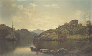 Fjordvik Med Roddbat Och Segeleka by Ernfried Wahlqvist