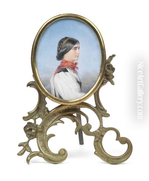 Bildnis Einer Jungen Frau Mit Dunklem Zopf In Tracht, Mit Rotem Halstuch (together W/metal Stand) - view 1
