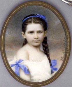 A Girl, In Loose Lace-bordered White Dress With Blue Bows At Sleeves, Blue Ribbon In Her Long Brown Hair Dressed In Plaits