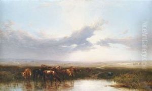 Weite Landschaft In Der Abenddammerung, Im Vordergrund Viehherde An Einem Gewasser by Thomas Francis Wainewright