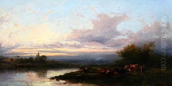 Cattle Beside A River At Sunset - view 1