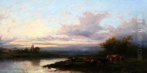 Cattle Beside A River At Sunset by Thomas Francis Wainewright