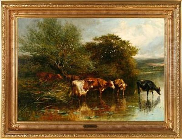 Mountain Scene With Cattle At A Pool - view 1