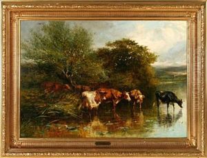Mountain Scene With Cattle At A Pool by Thomas Francis Wainewright