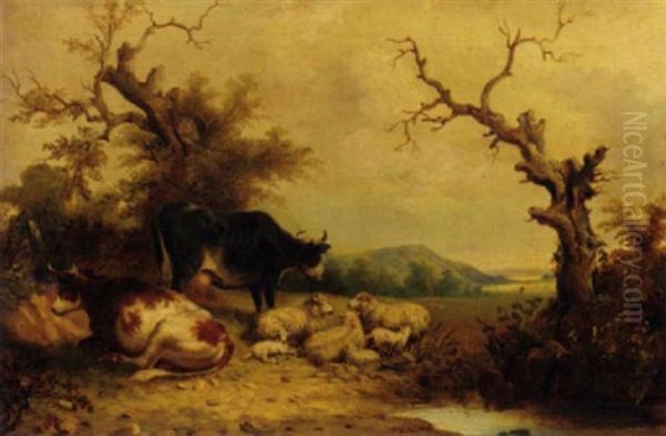 Cattle And Sheep By A Pond In An Extensive Landscape - view 1