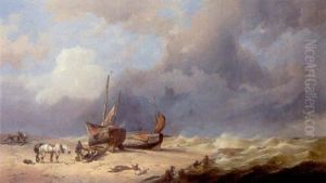 Fisherfolk Mending The Nets By Their Beached Vessels by Thomas Francis Wainewright