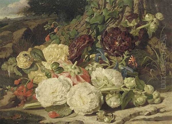 Peonies, Fuschias And Ivy On A Sandy Bank - view 1