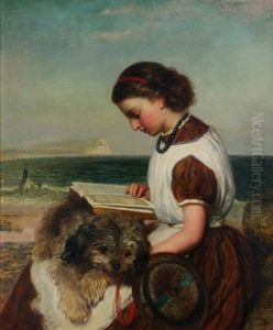 Girl Reading With Dog On Her Lap, British Coast Girl Reading With Dog On Her Lap, British Coast