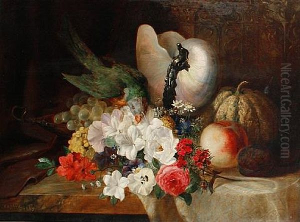 A Parrot On Fruit And Flowers With A Nautilus Shell Behind - view 1