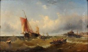 Fishermen And Shipping At The Entrance To A Dutch Harbour by John Cheltenham Wake