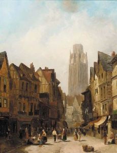 Figures In A Continental Street, A Cathedral Beyond by John Cheltenham Wake