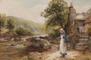 Young Maiden Before A Riverside Cottage by Ernest Walbourn