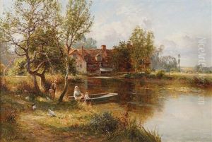Riverscape With Figures In A Boat And Dwelling In The Background by Ernest Walbourn