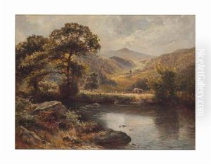 Figures Alongside A Lake In A Mountainous Landscape by Ernest Walbourn