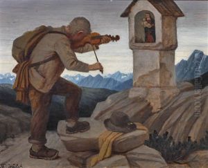 Geigender Wanderer Am Bildstock by Thomas Walch