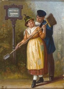 Kondukteur Belastigt Eine Frau An Der Haltestelle by Thomas Walch