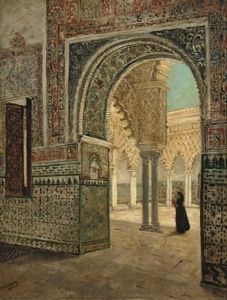 A Glance At The Courtyard Of The Alcazar Real De Sevilla, Spain by Gustave Walckiers