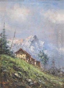 View Of An Alpine Cabin by Antonio, Anton Brioschi
