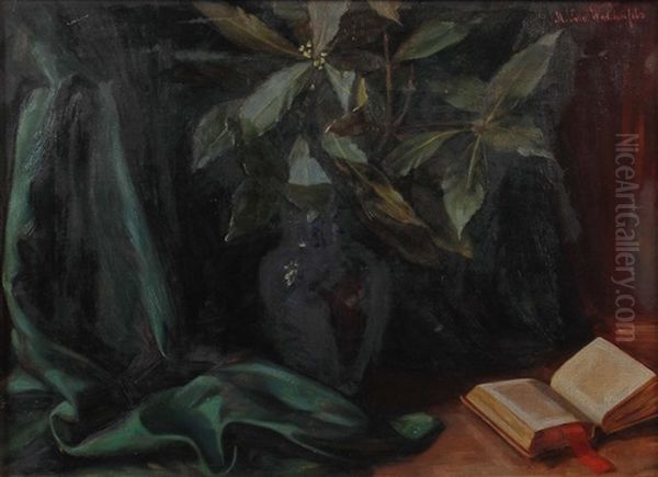 Stillleben Mit Bluhenden Zweigen In Einer Blauen Vase Vor Gruner Draperie - view 1