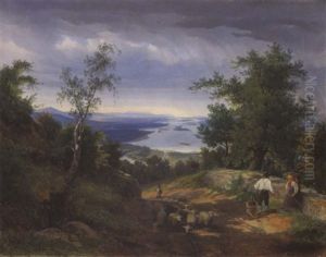 Schafer Mit Seiner Schafherde Und Holzsammlerin Am Weg by Ferdinand Waldmueller