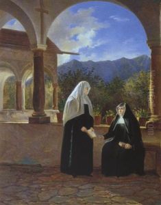 Zwei Sich Unterhaltende Ordensschwestern Im Arkadengang Eines Kloster by Ferdinand Waldmueller