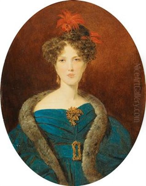 Portrait Of A Young Lady In A Blue Dress And Fur Stole - view 1