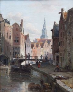 A Dutch Town With Figures On A Bridge by Antonie Waldorp