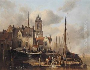 A Busy Quay In A Dutch Town by Antonie Waldorp