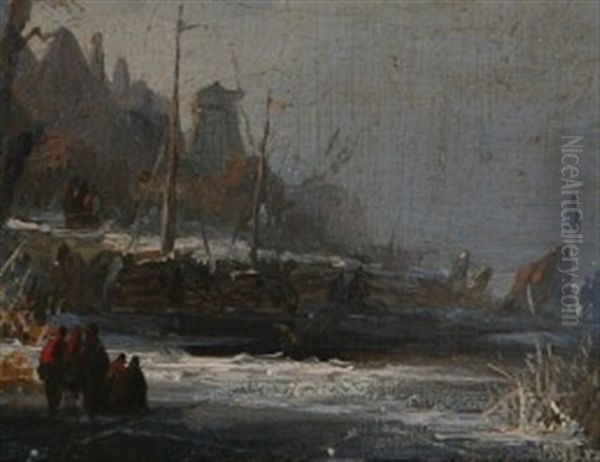 Paysage De Riviere En Hollande Anime De Personnages Pres D'un Bateau En Bois Et 'koek-en-zopie' - view 1