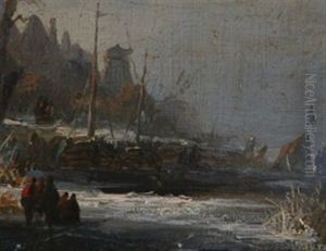 Paysage De Riviere En Hollande Anime De Personnages Pres D'un Bateau En Bois Et 'koek-en-zopie' by Antonie Waldorp