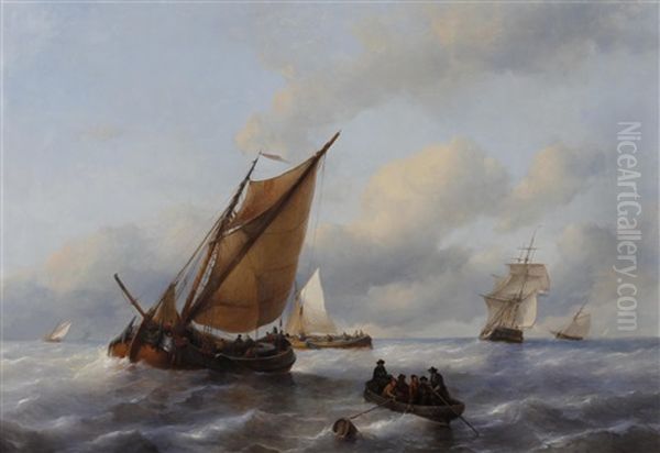 Dutch Barges And Other Shipping At Sea - view 1