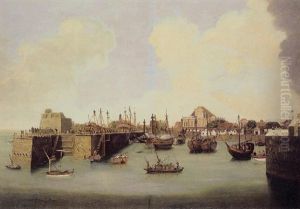 A View Of Bombay Harbor With Moored Sailing Vessels And A Dry Dock With Government House Beyond