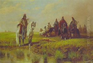 Mounted Indians Near A Stream by James Walker