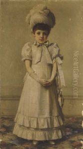 Portrait Of A Girl In A White Dress And Feathered Hat, In An Interior