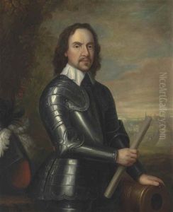 Portrait Of Oliver Cromwell (1599-1658), Three-quarter-length, In Armour, Holding A Baton In His Right Hand, His Left Hand Resting On A Canon, An Encampment And A City Beyond