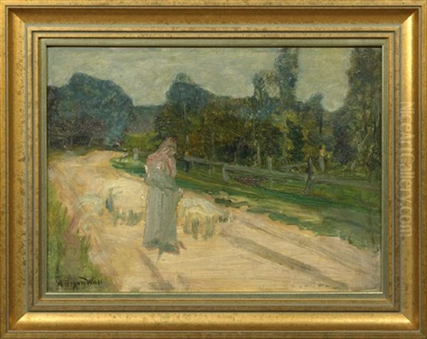 Figure And Sheep On A Fence Lined Country Road - view 1