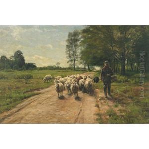 Farmer Leading His Flock On A Sunlit Lane by A. Bryan Wall