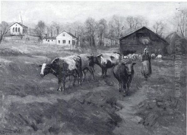Farm Scene With Peasant Girl And Livestock - view 1
