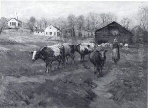 Farm Scene With Peasant Girl And Livestock by A. Bryan Wall