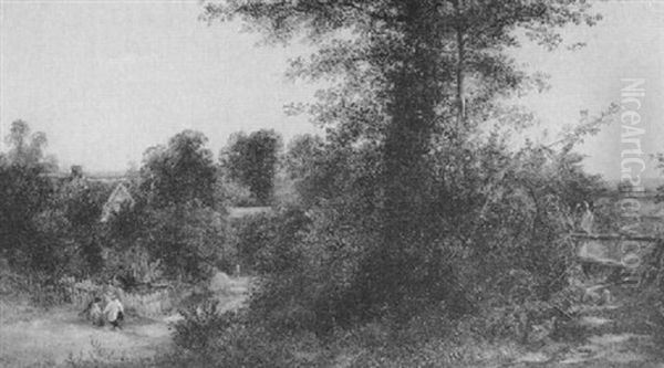Children Playing On A Path Beside A Cottage In A Wooded Landscape - view 1